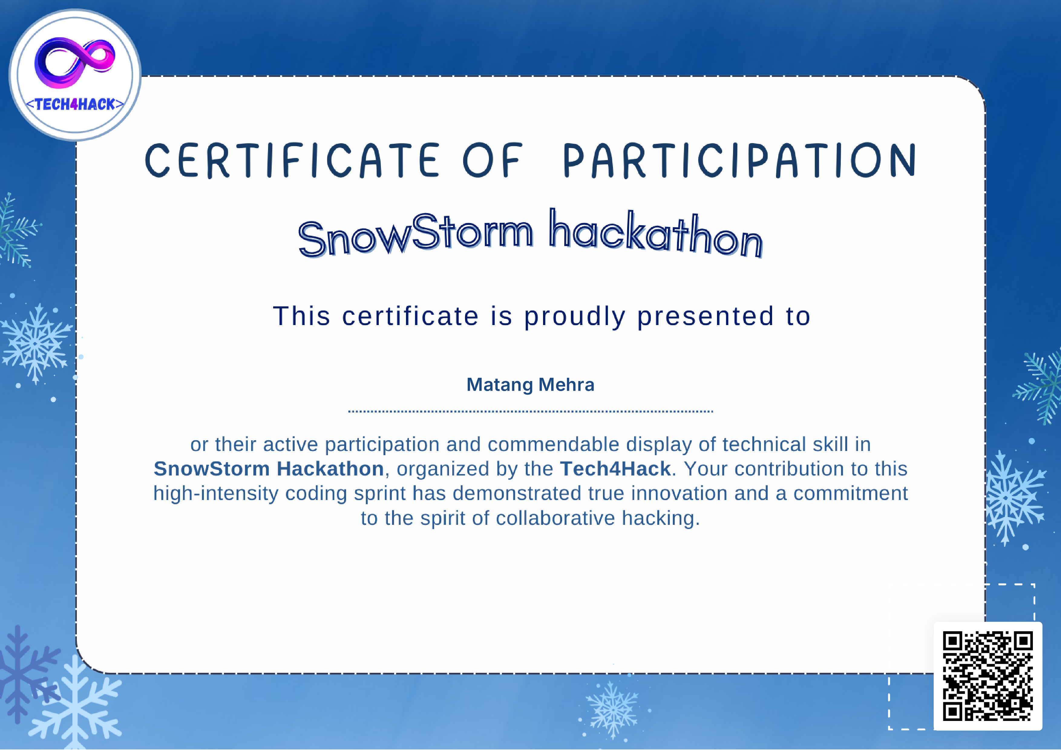 Certificate for participation in SnowStorm Hackathon
